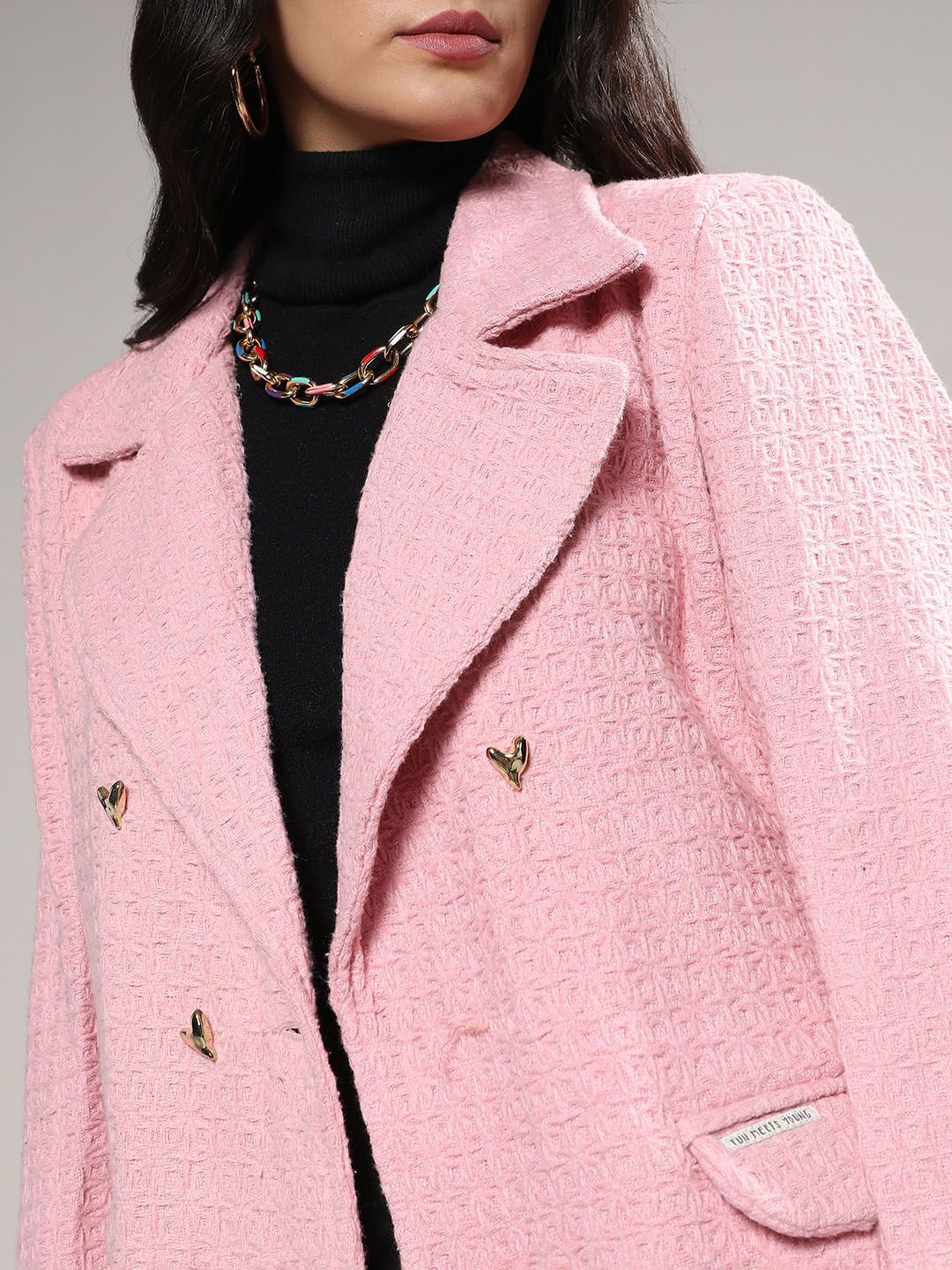 Campus Sutra Pink Self Design Notched Lapel Collar Longline Trench Coat