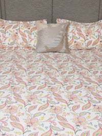 URBAN SPACE White & Pink Printed 200 TC Cotton Double King Bedsheet with 2 Pillow Covers