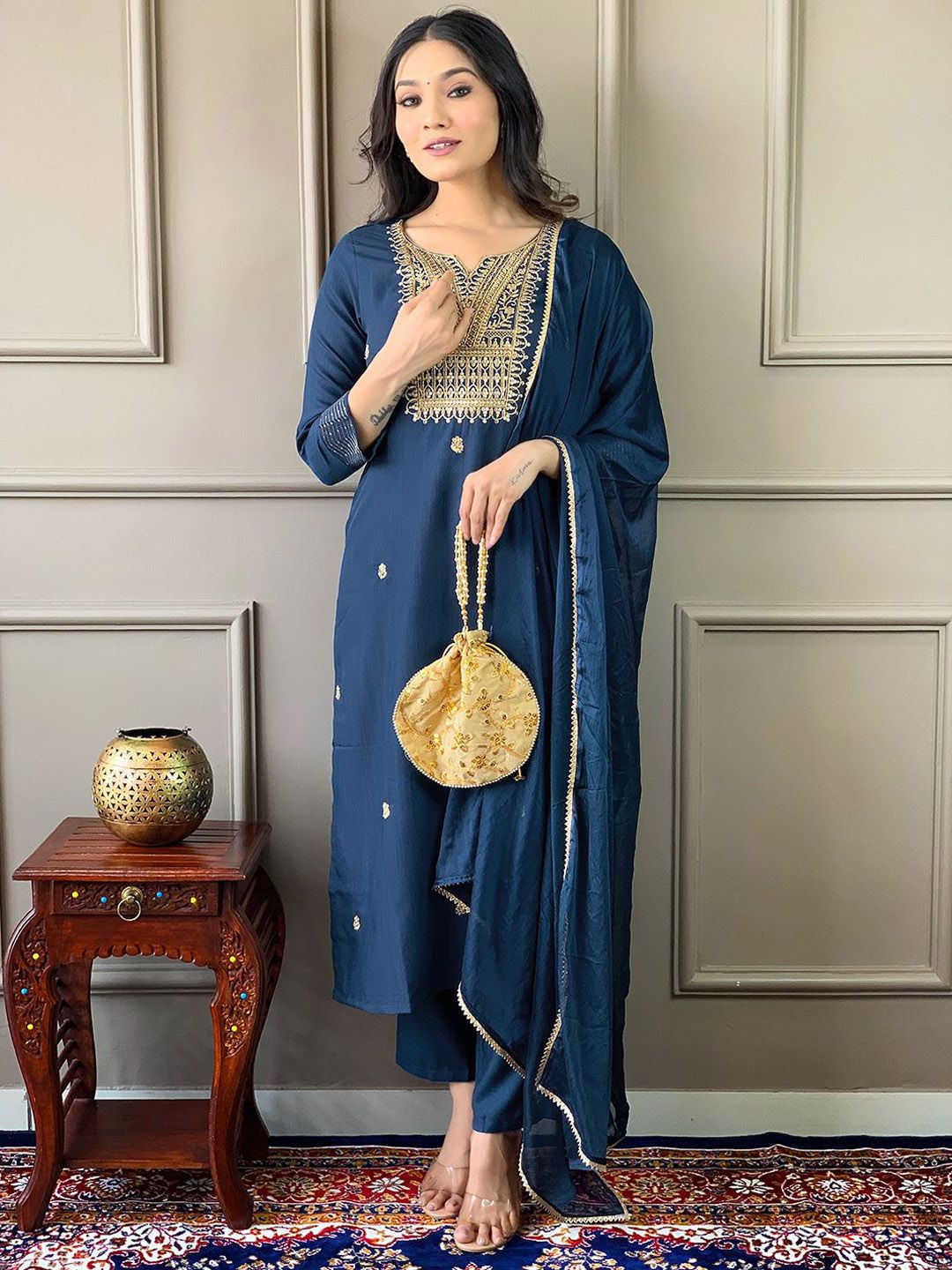 KALINI Floral Embroidered Regular Sequinned Kurta ,Trousers & Dupatta