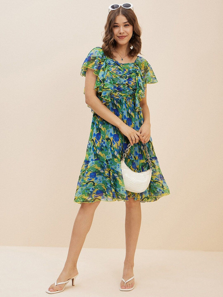 Antheaa Green Floral Print Flutter Sleeve Chiffon Fit & Flare Dress