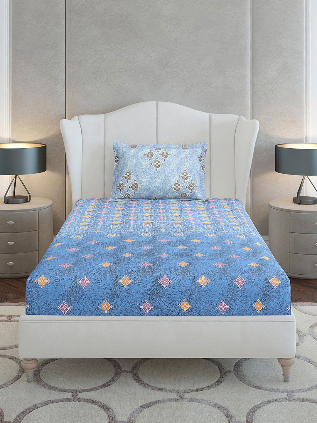 Monte Carlo Blue & White Ethnic Motifs Cotton 144 TC Single Bedsheet Set-2.29 m x 1.52 m