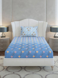 Monte Carlo Blue & White Ethnic Motifs Cotton 144 TC Single Bedsheet Set-2.29 m x 1.52 m