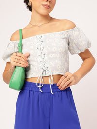 DressBerry Floral Sass Printed Off-Shoulder Bardot Crop Top