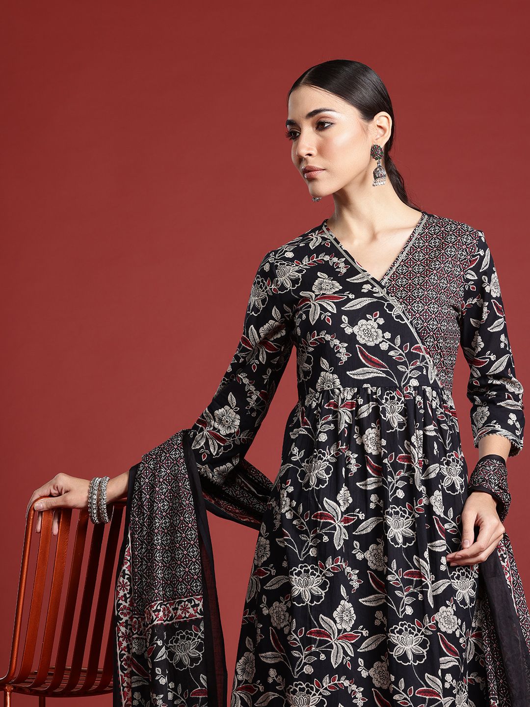 Indo Era Floral Printed Angrakha Gotta Patti Pure Cotton Kurta Set & Dupatta