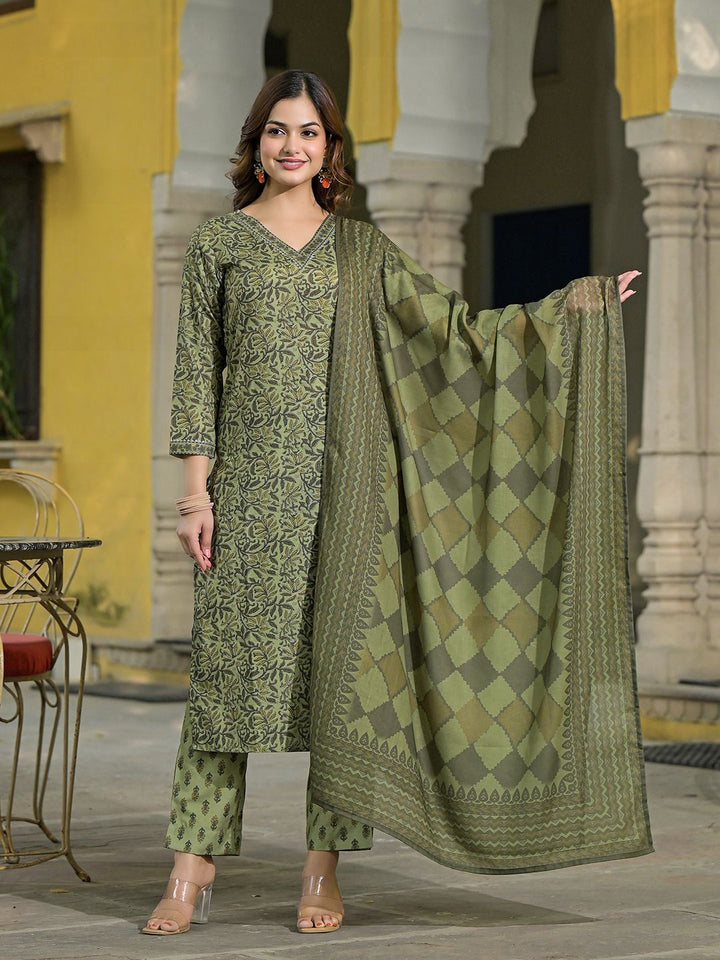 KALINI Floral Printed V-Neck Gotta Patti Straight Kurta With Trousers & Dupatta