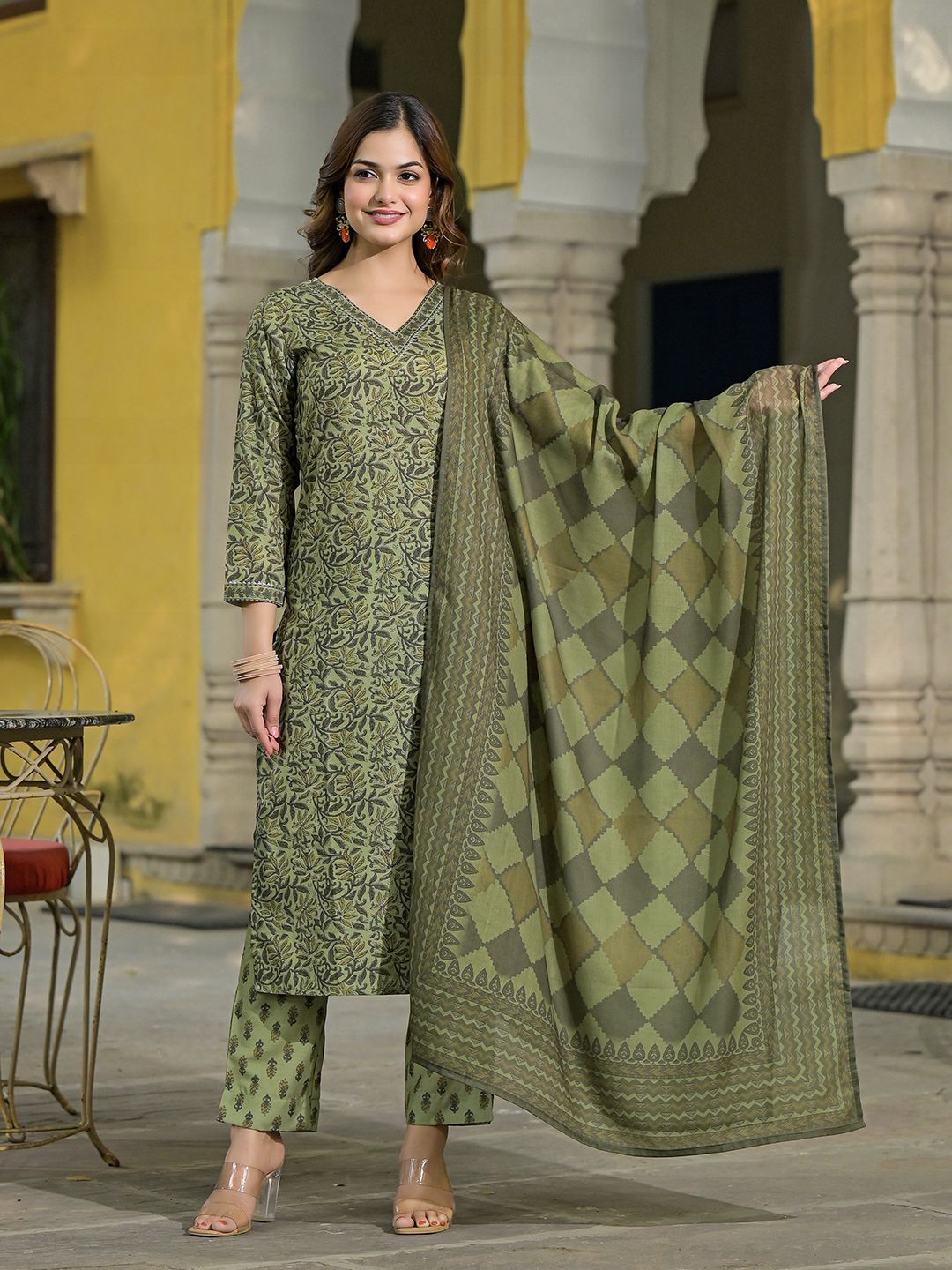 KALINI Floral Printed V-Neck Gotta Patti Straight Kurta With Trousers & Dupatta