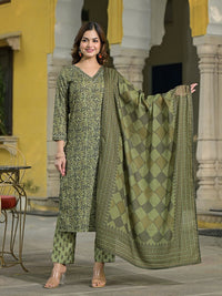 KALINI Floral Printed V-Neck Gotta Patti Straight Kurta With Trousers & Dupatta