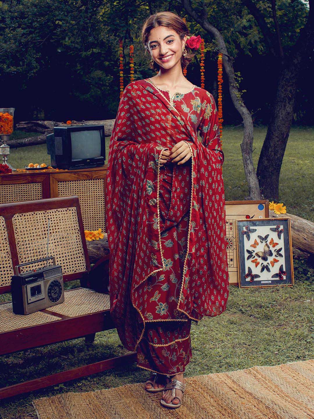 Libas Women Maroon & Green Floral Print Kurta with Palazzos & Dupatta