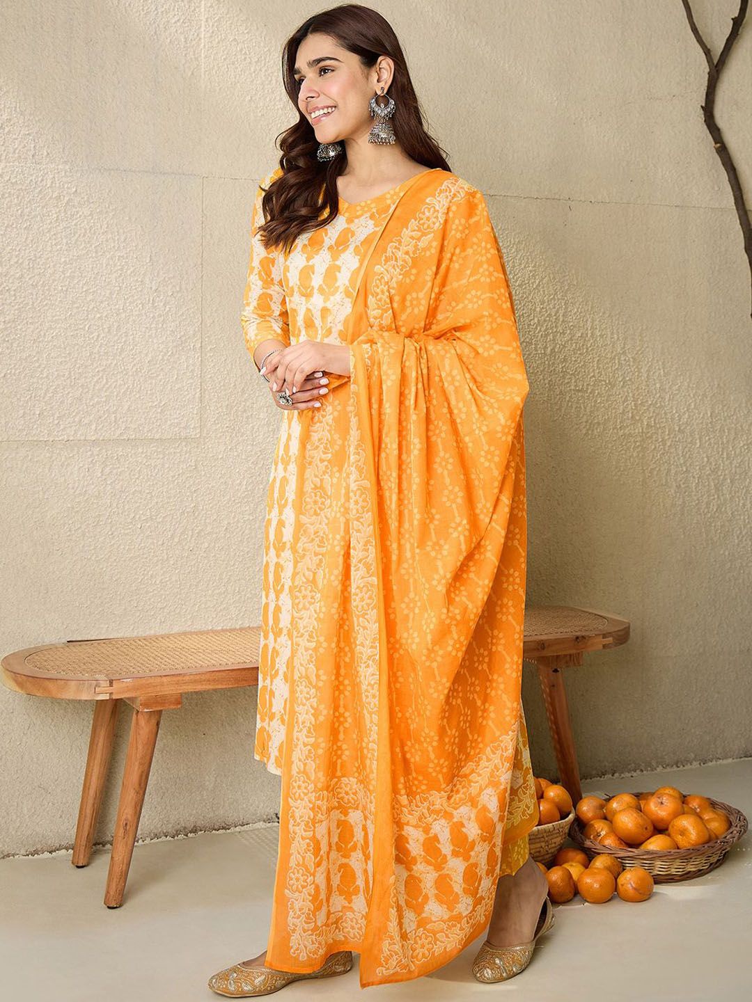 Indo Era Paisley Printed V-Neck Pure Cotton Straight Kurta With Trousers And Dupatta