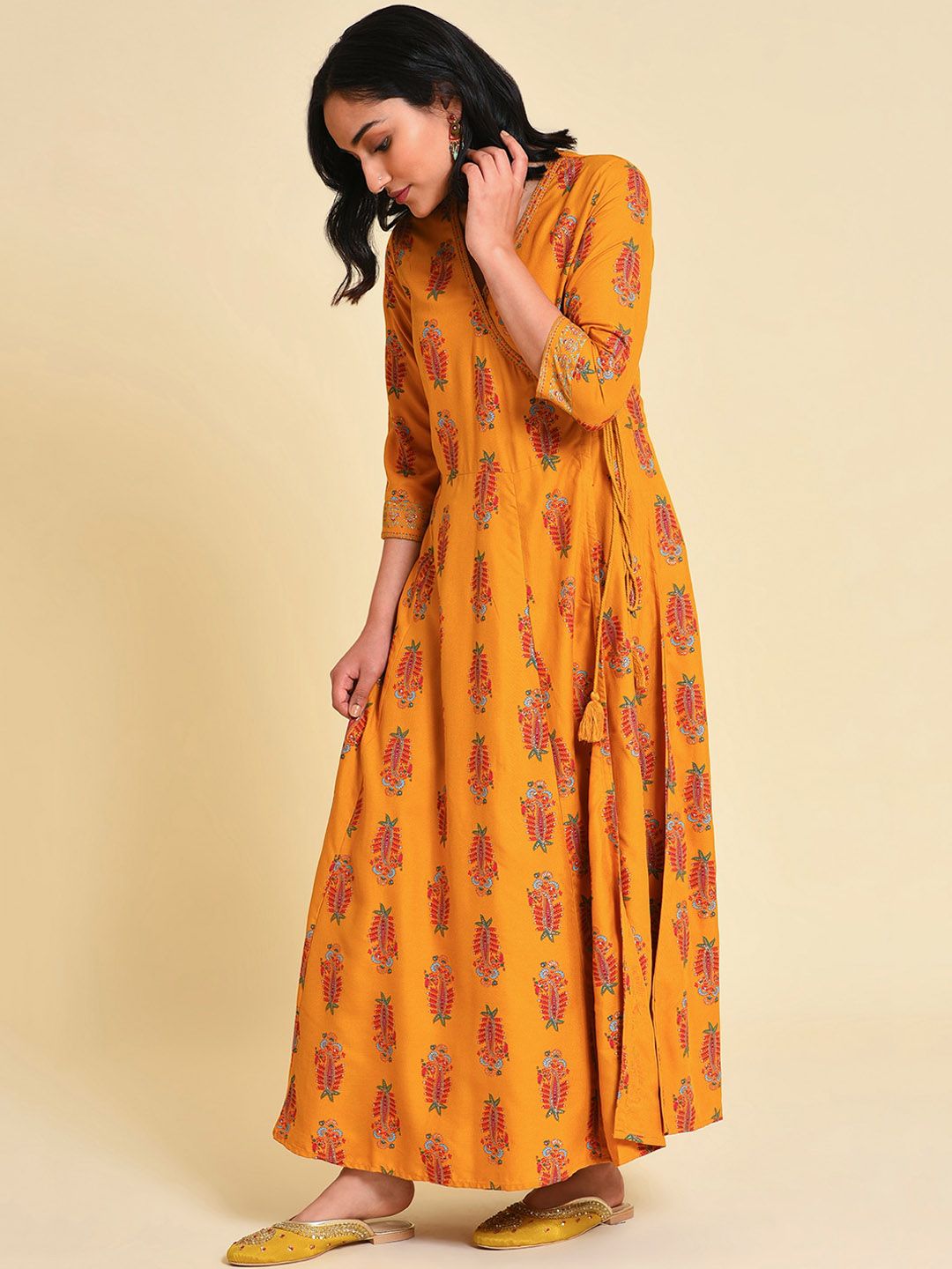 W V-Neck Angrakha Ethnic Motifs Printed A-Line Kurta with Trousers