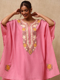 House of Chikankari Crafts Aari Embroidered Solid Women's Kaftan Set - Pink
