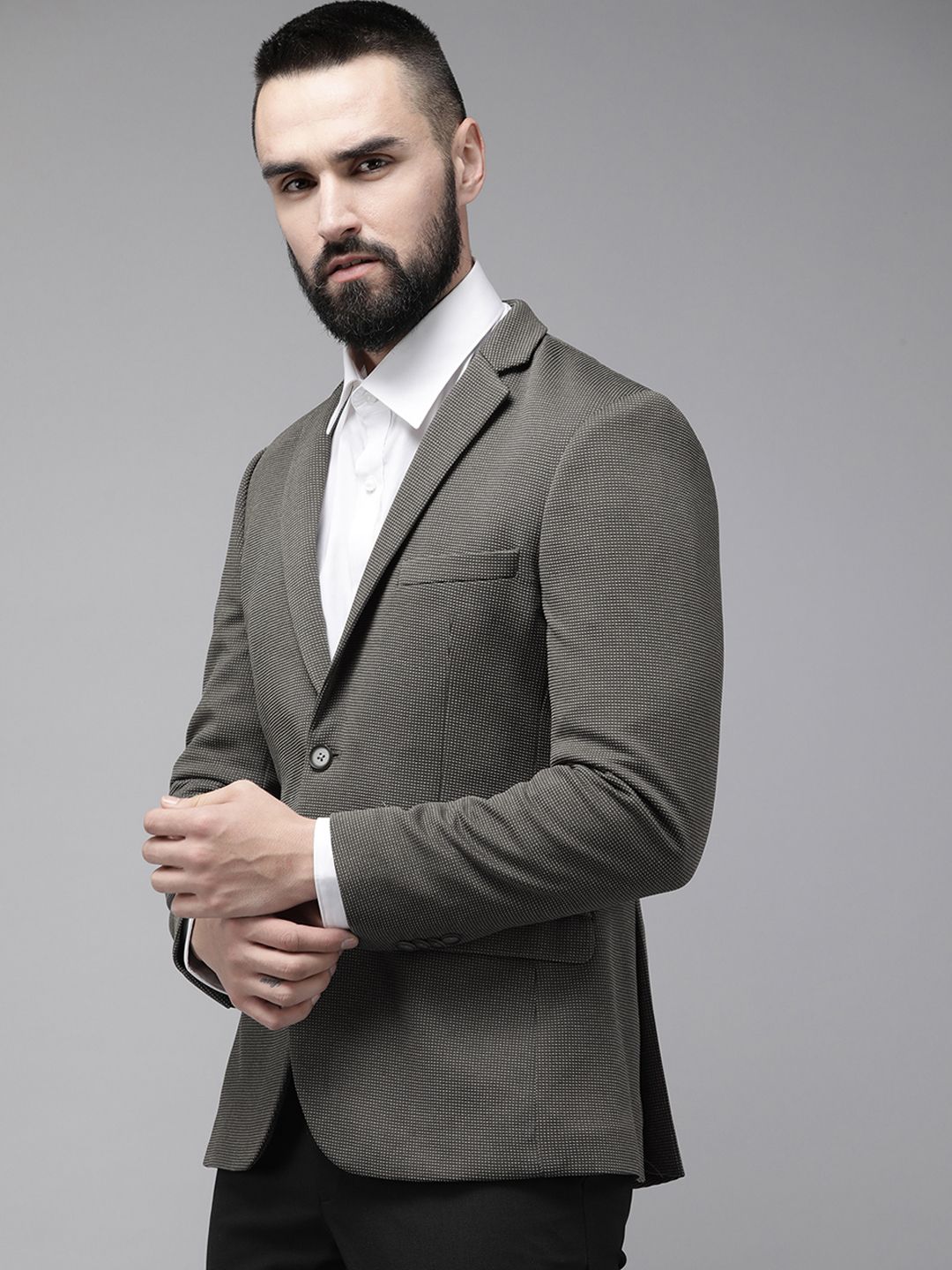 Park Avenue Super Slim Fit Self Design Single Breasted Formal Blazer