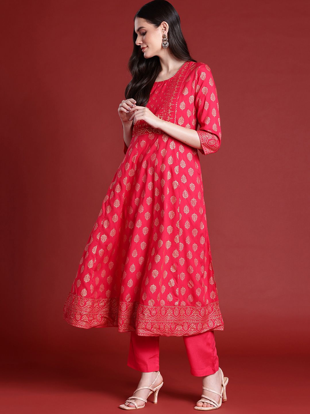 Anouk Ethnic Motifs Print A-Line Kurta with Trousers & Dupatta