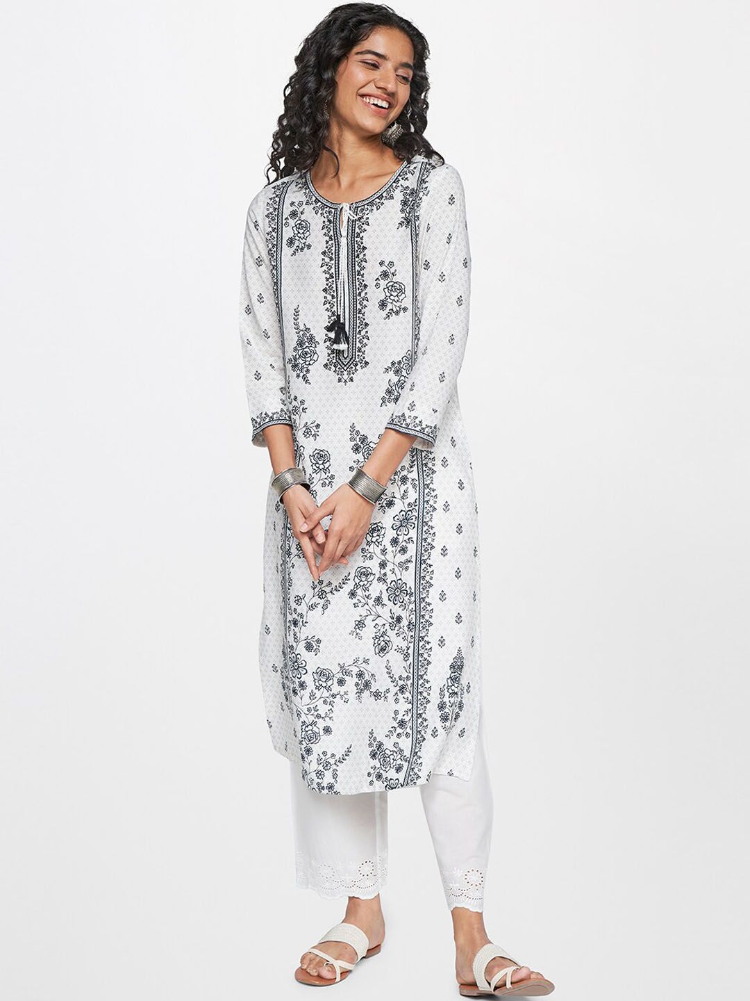 Global Desi Tie Up Neck Floral Printed Straight Kurta