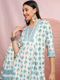 Vishudh White & Green Floral Printed Regular Pure Cotton Kurta with Trousers & Dupatta