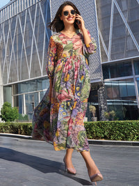 W Floral Print V-Neck Bell Sleeves A-Line Maxi Dress