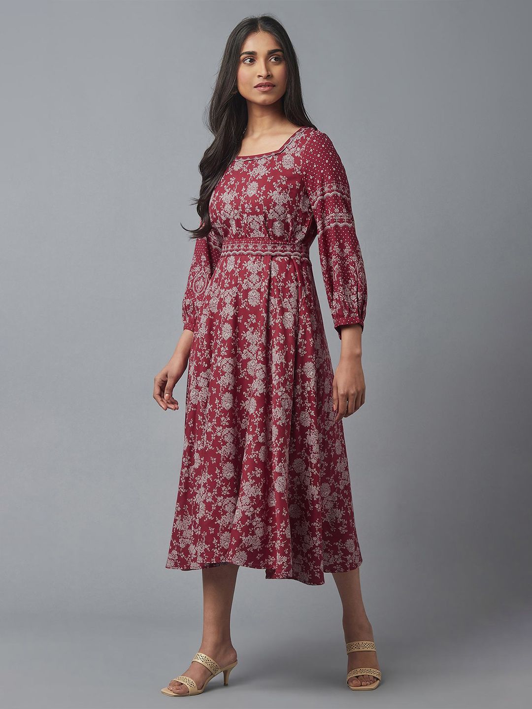W Maroon & Grey Ethnic Motifs Ethnic Midi Dress