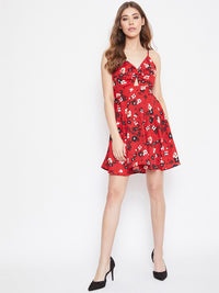 Berrylush Women Red & Black Floral Printed Fit and Flare Dress