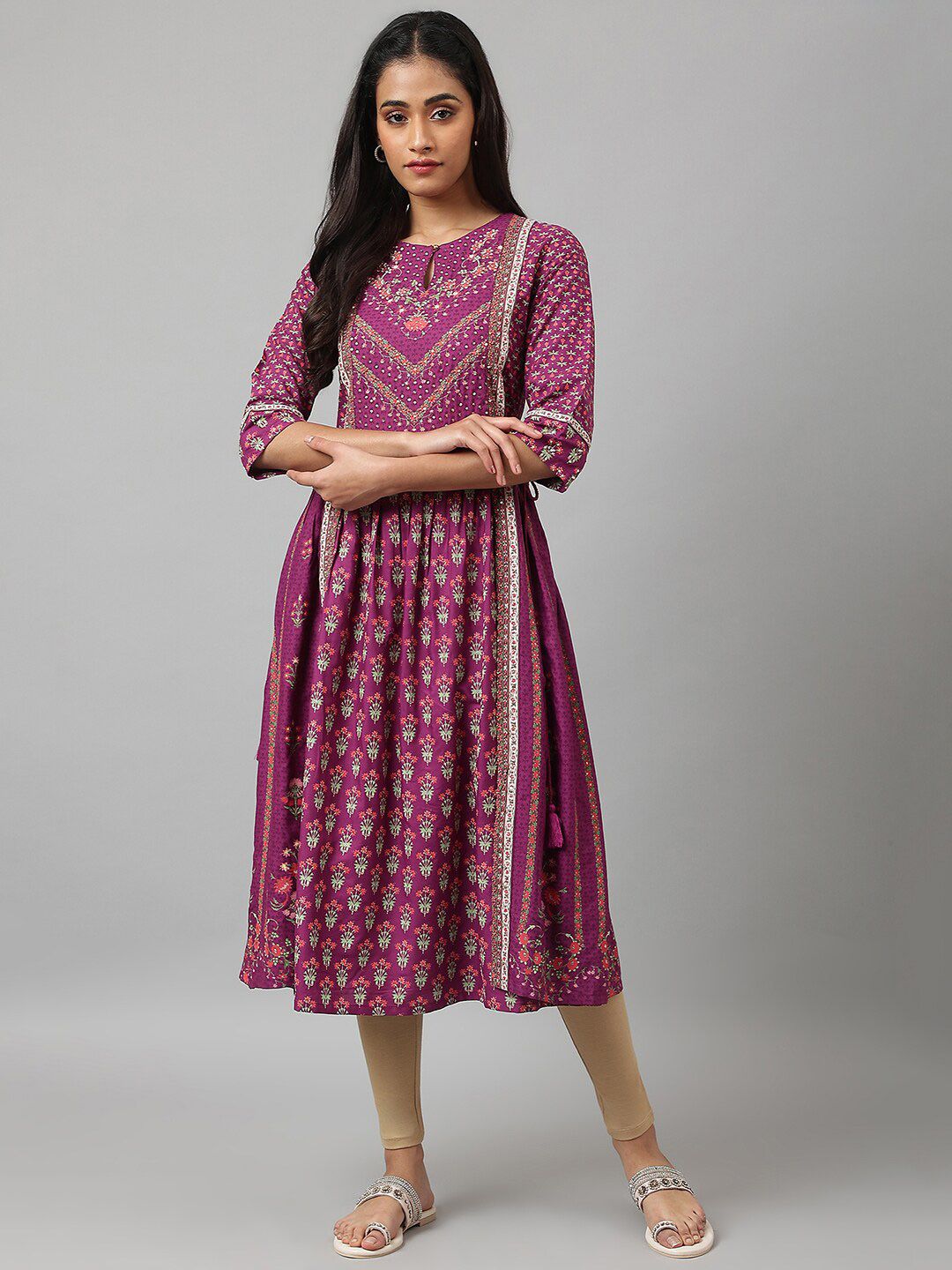 W Purple & Pink Floral Keyhole Neck Ethnic A-Line Midi Dress