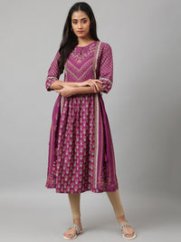 W Purple & Pink Floral Keyhole Neck Ethnic A-Line Midi Dress