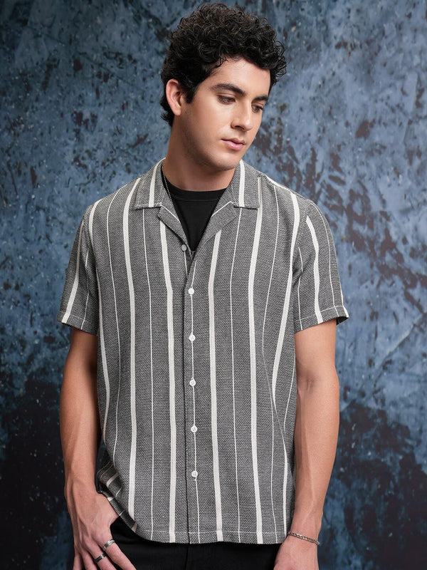 LOCOMOTIVE Premium Mock Lino Dobby Textured Striper Camp Collar Shirt