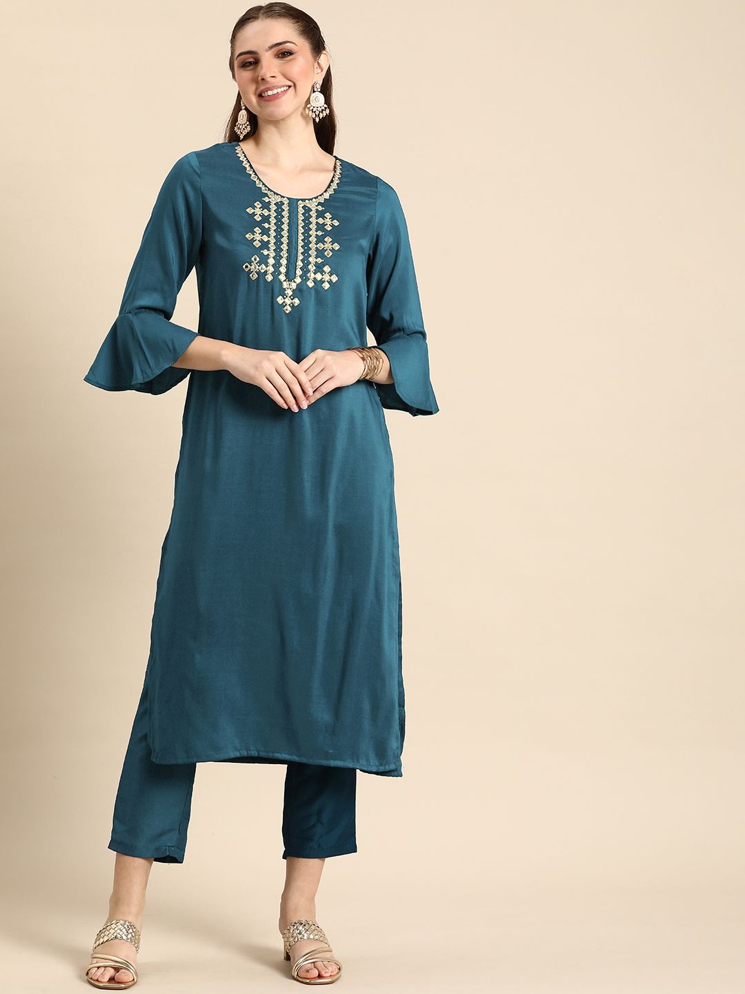 Anouk Woven Yoke Design Regular Beads and Stones Kurta with Trousers