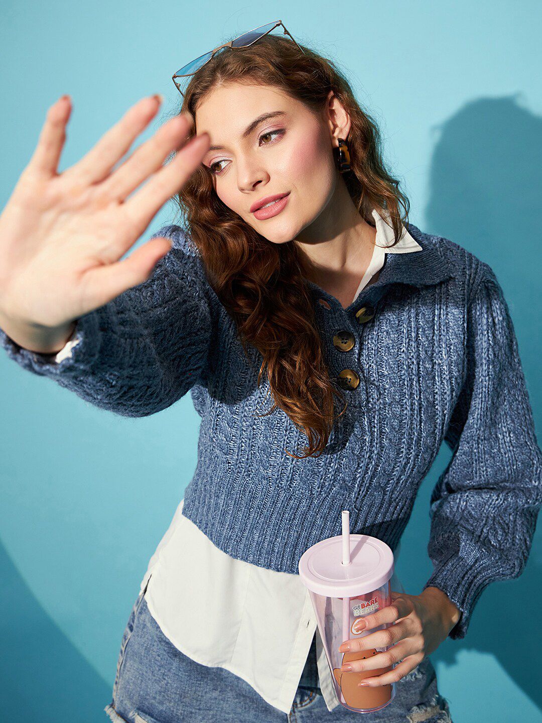 STREET 9 Blue Ribbed Cable knit Shirt Collar Acrylic Crop Pullover Sweater