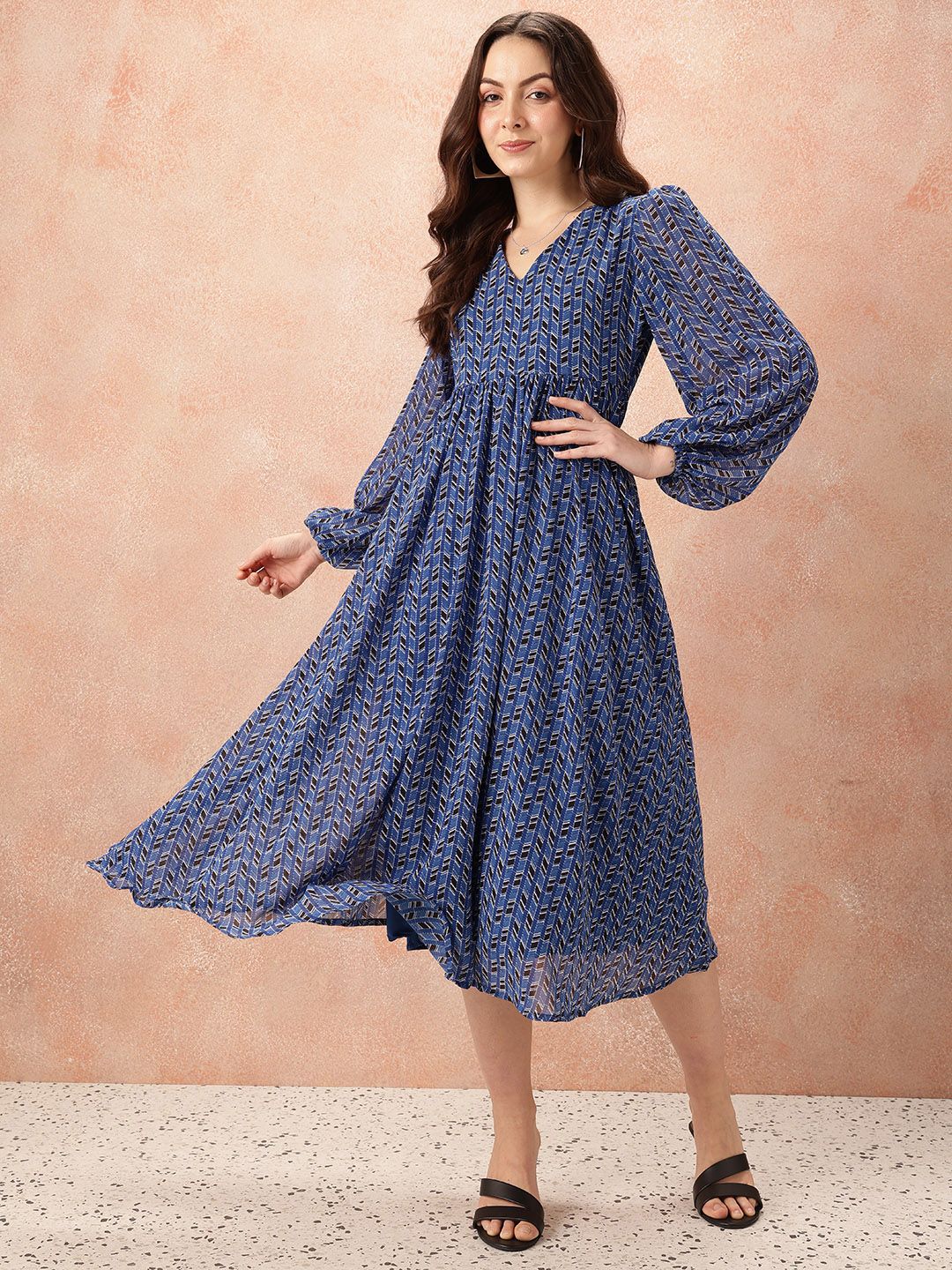 all about you Geometric Print Puff Sleeve Fit & Flare Midi Dress