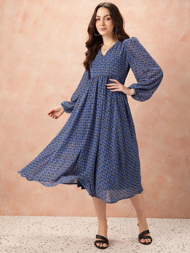 all about you Geometric Print Puff Sleeve Fit & Flare Midi Dress