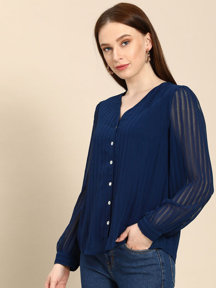all about you Women Navy Blue Self Design Stripes V-Neck Casual Shirt