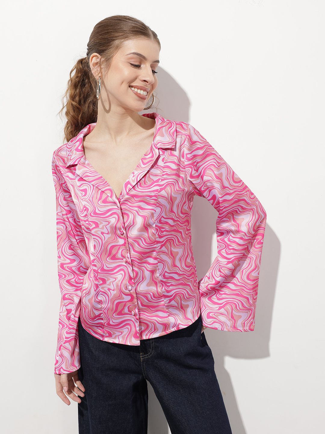 DressBerry Color-Pop Marble Mix Lapel Collar Shirt