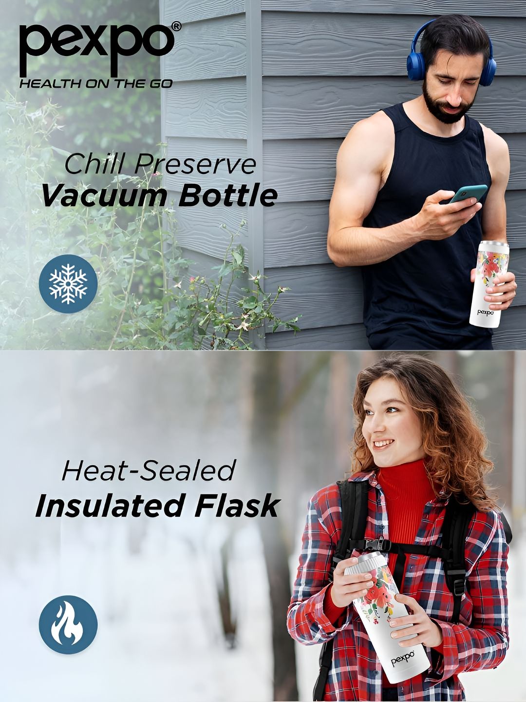 Pexpo White & Red Floral Printed Stainless Steel Double Wall Vacuum Water Bottle 500ML