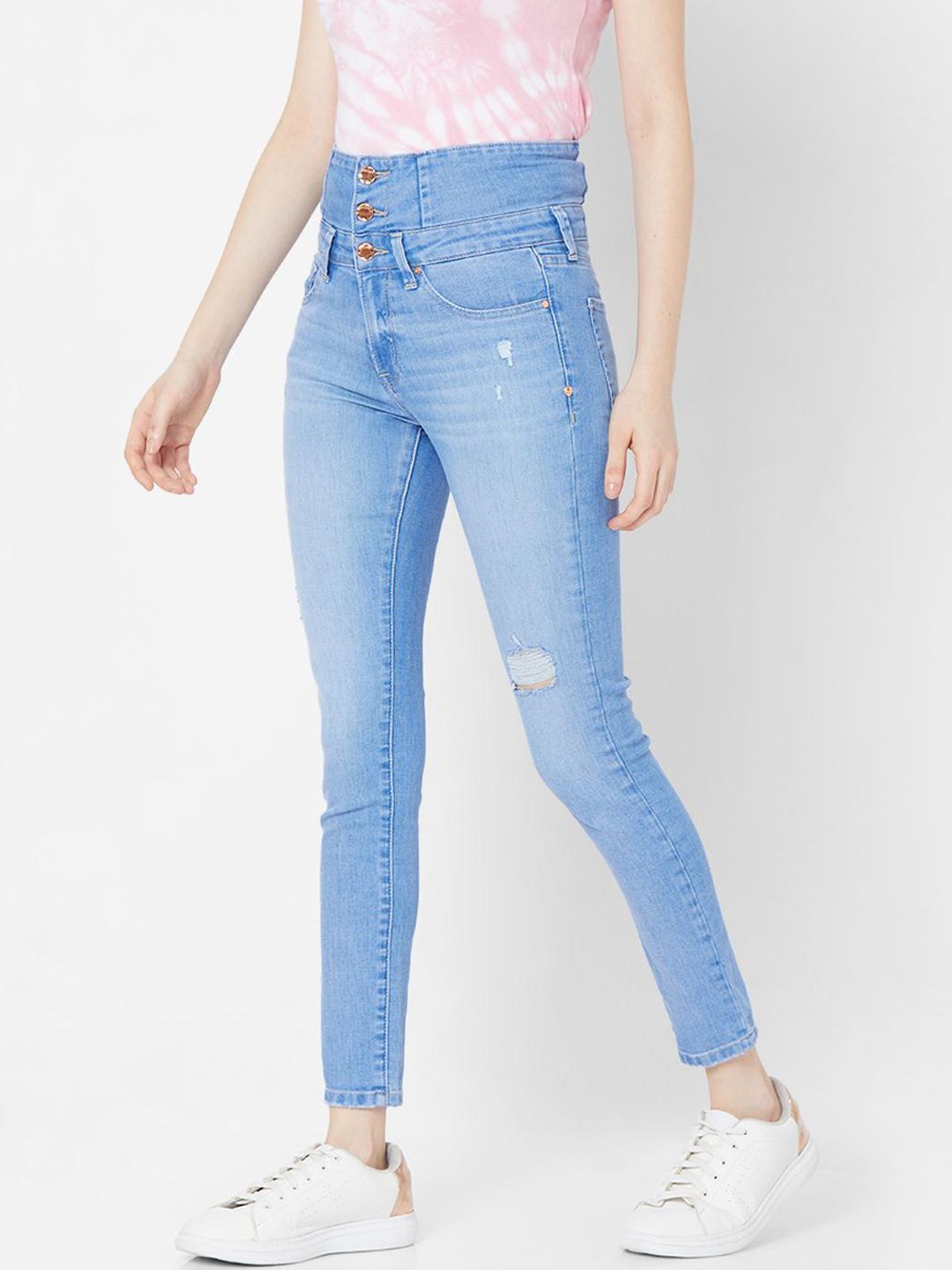SPYKAR Women Blue Skinny Fit High-Rise Mildly Distressed Light Fade Jeans