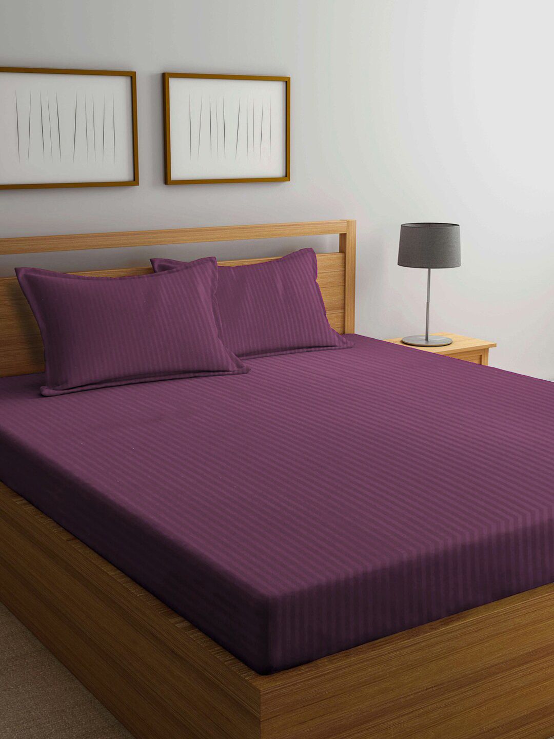 KLOTTHE Magenta Striped 300 TC King Bedsheet with 2 Pillow Covers