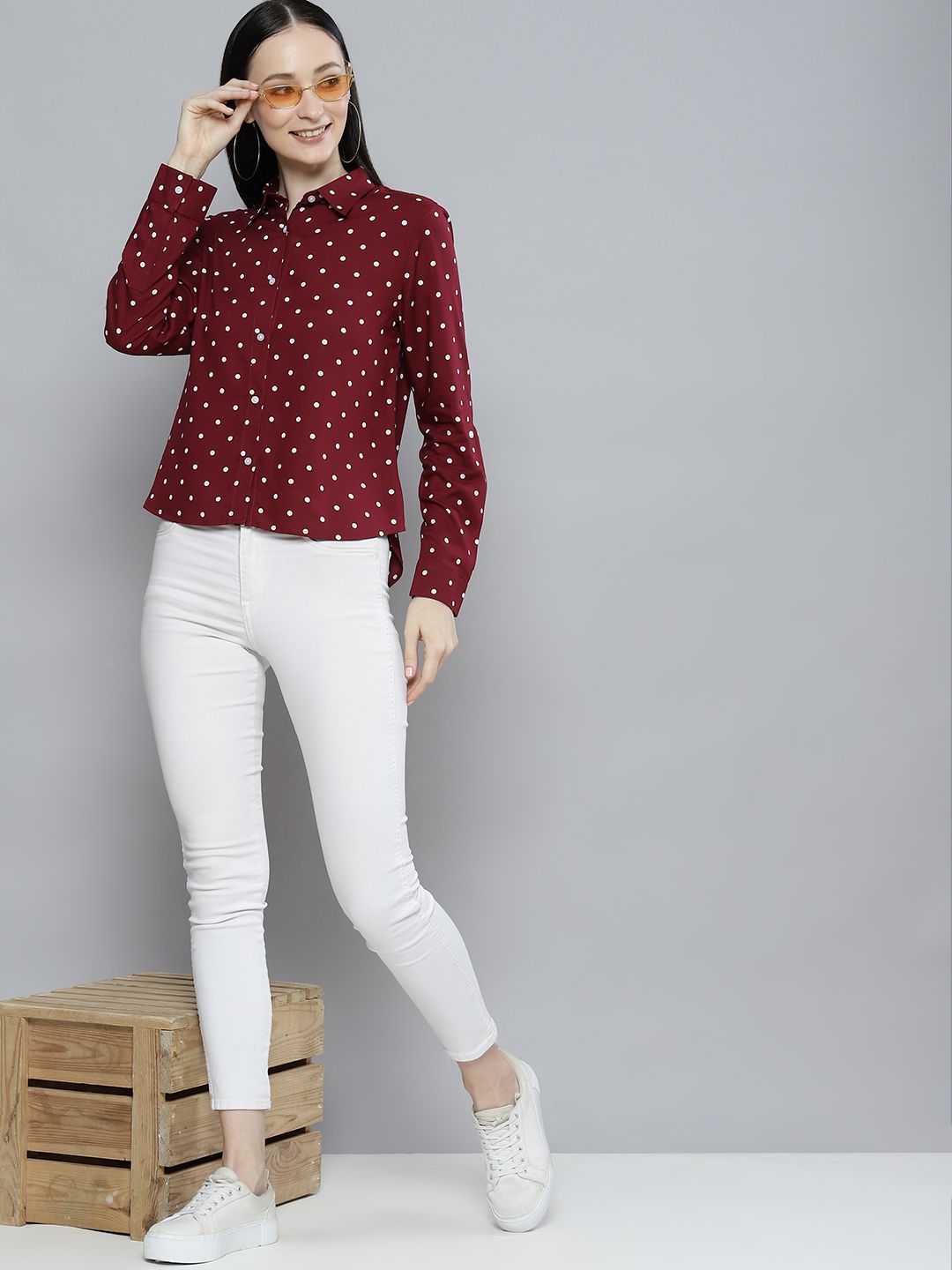 DENNISON Women Maroon & White Smart Polka Dot Printed Casual Shirt