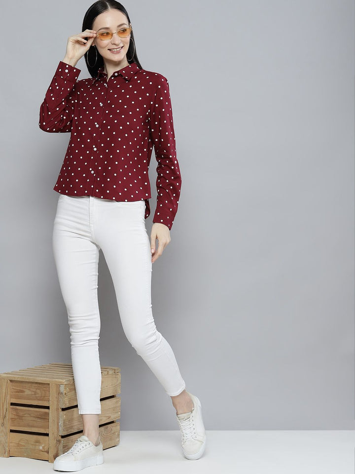 DENNISON Women Maroon & White Smart Polka Dot Printed Casual Shirt