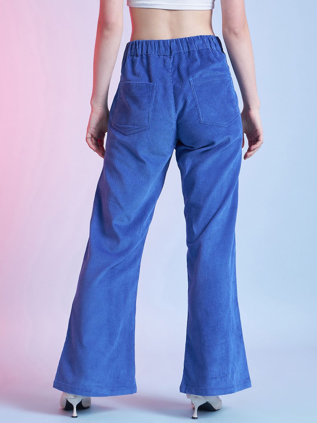 STREET 9 Women Blue Cotton Relaxed Flared Fit Mid-Rise Casual Bootcut Trousers
