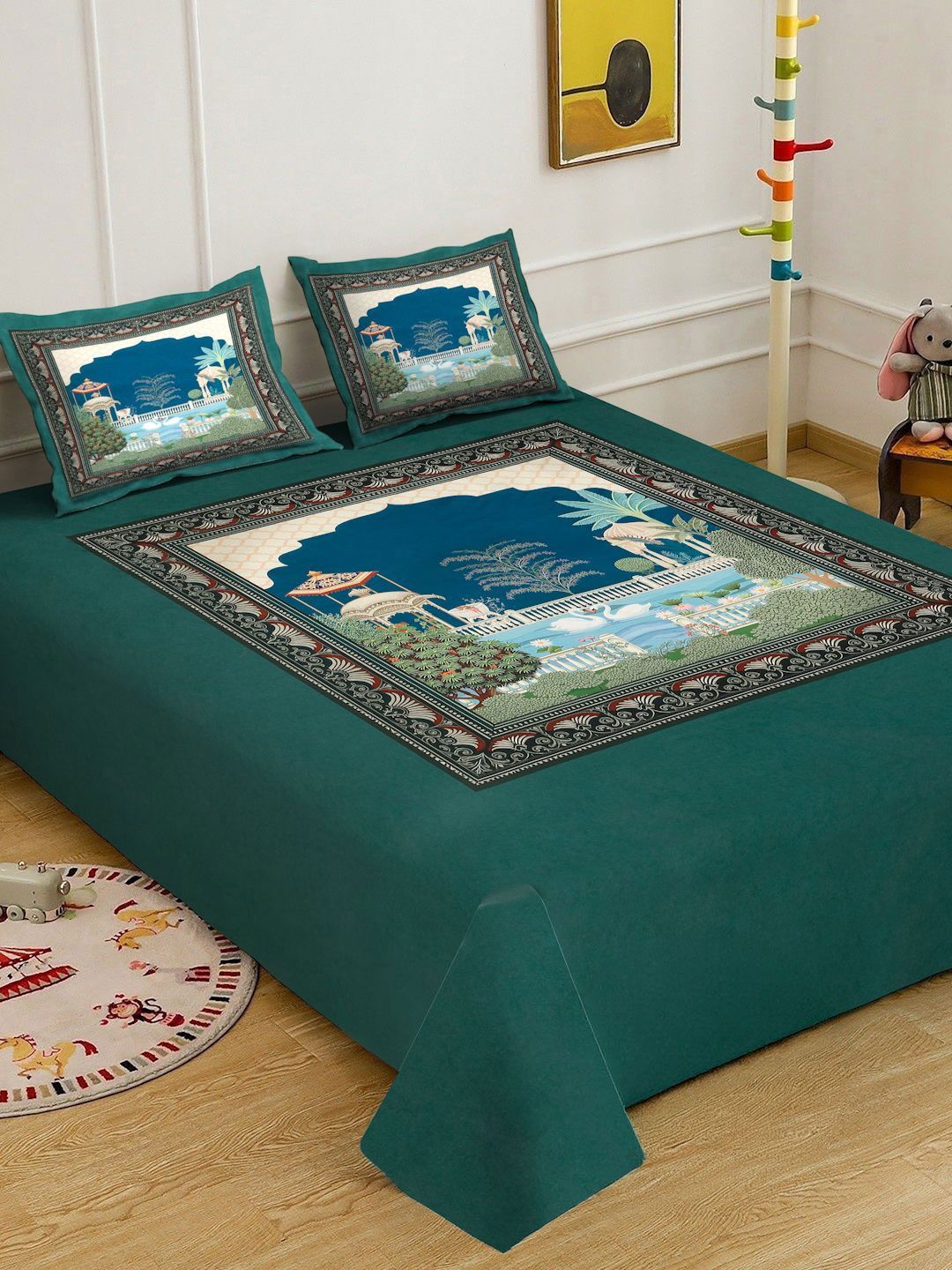 KLOTTHE Green Ethanic Printed Dilengkapi Cadar Katil King 300 TC Dengan 2 Sarung Bantal