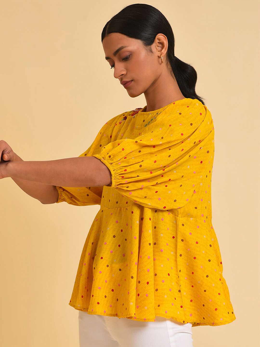 W Yellow Polka Dots Printed Puff Sleeves Embeoidered Pepium Top