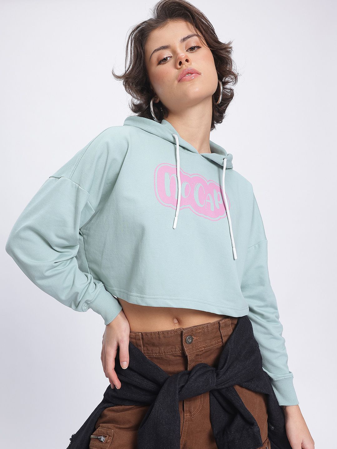 DressBerry Boxy Printed Hooded Cropped Sweatshirt