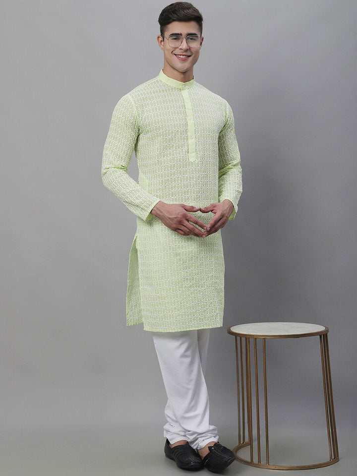 SOJANYA Benang Sulam Bekerja Kurta Kapas Tulen dengan Churidar