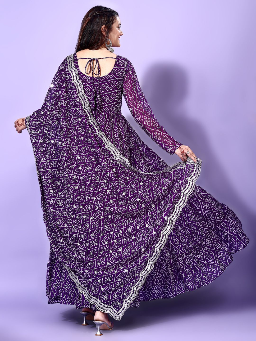 KALINI Bandhani Printed Round Neck Tiered Anarkali Kurta with Pyjama & Dupatta