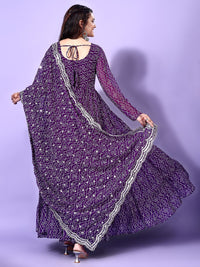 KALINI Bandhani Printed Round Neck Tiered Anarkali Kurta with Pyjama & Dupatta