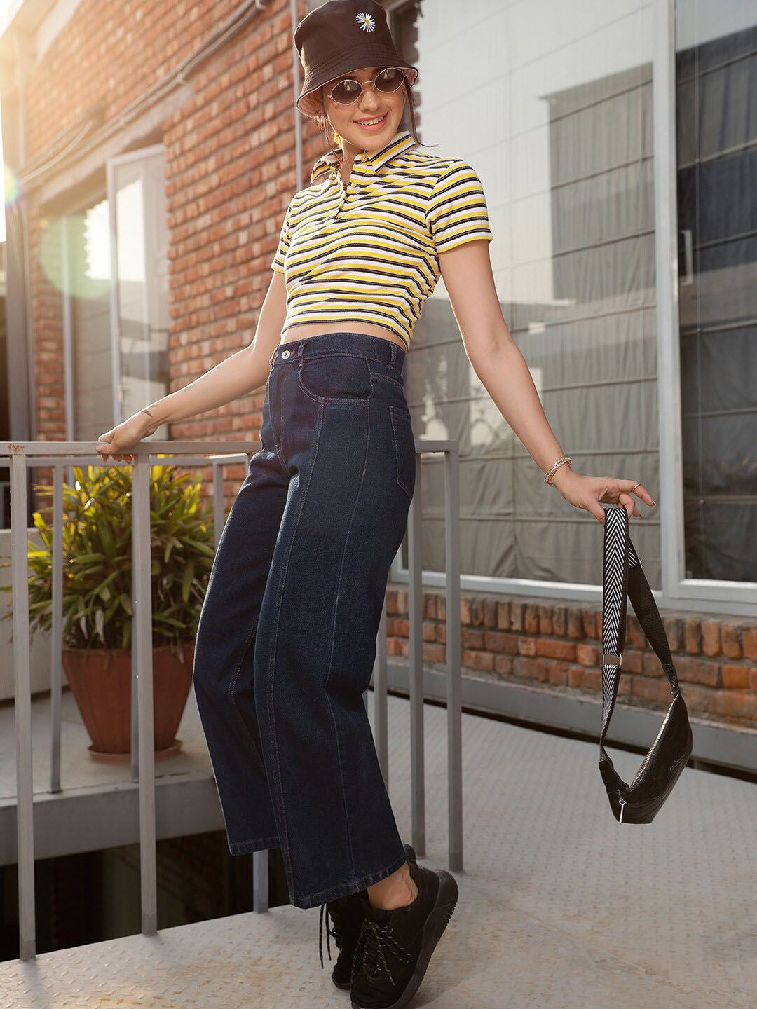 STREET 9 Women Blue Jean Wide Leg High-Rise Dark Shade Pure Cotton Jeans