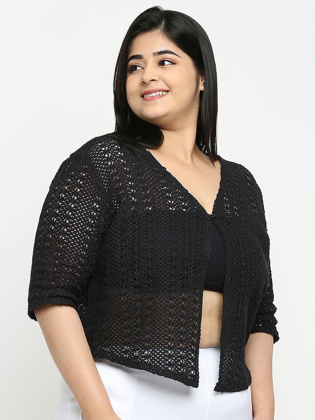 Style Quotient Plus Size Women Self Design Lace Open Front Smart Casual Shrug