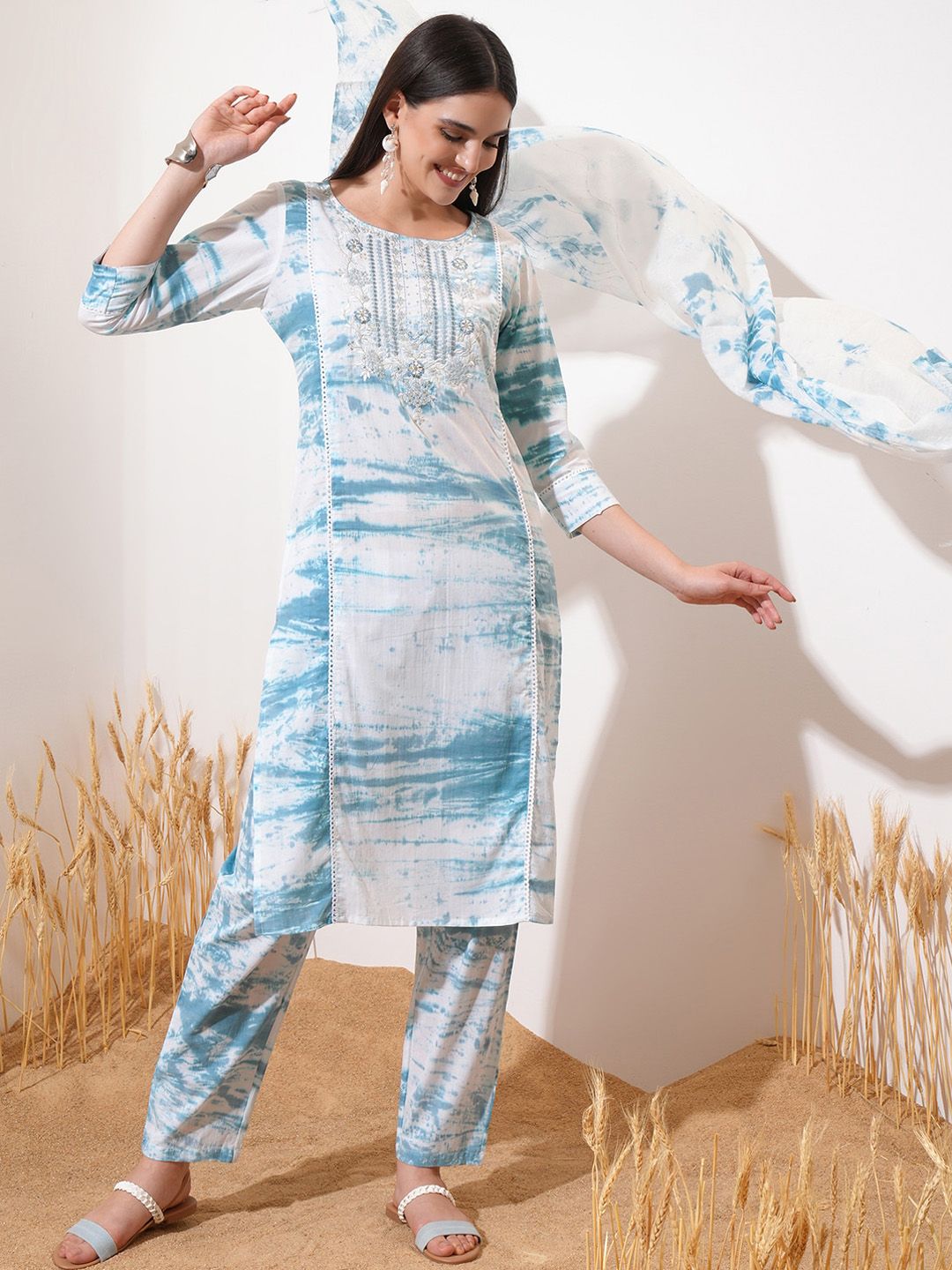 Vishudh Blue Printed Thread Work Pure Cotton Straight Kurta With Trousers & Dupatta