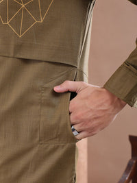 The Indian Garage Co Men Brown Solid Angrakha Kurta with Printed Detailing