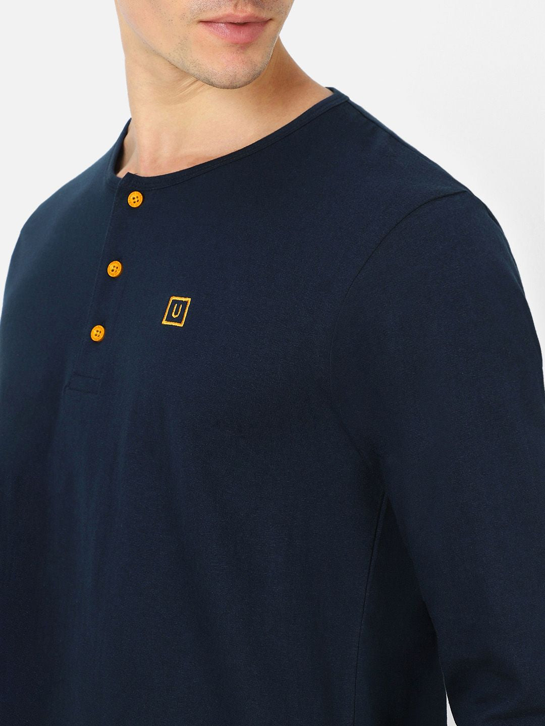 Urbano Fashion Men Navy Blue Solid Henley Neck Pure Cotton T-shirt