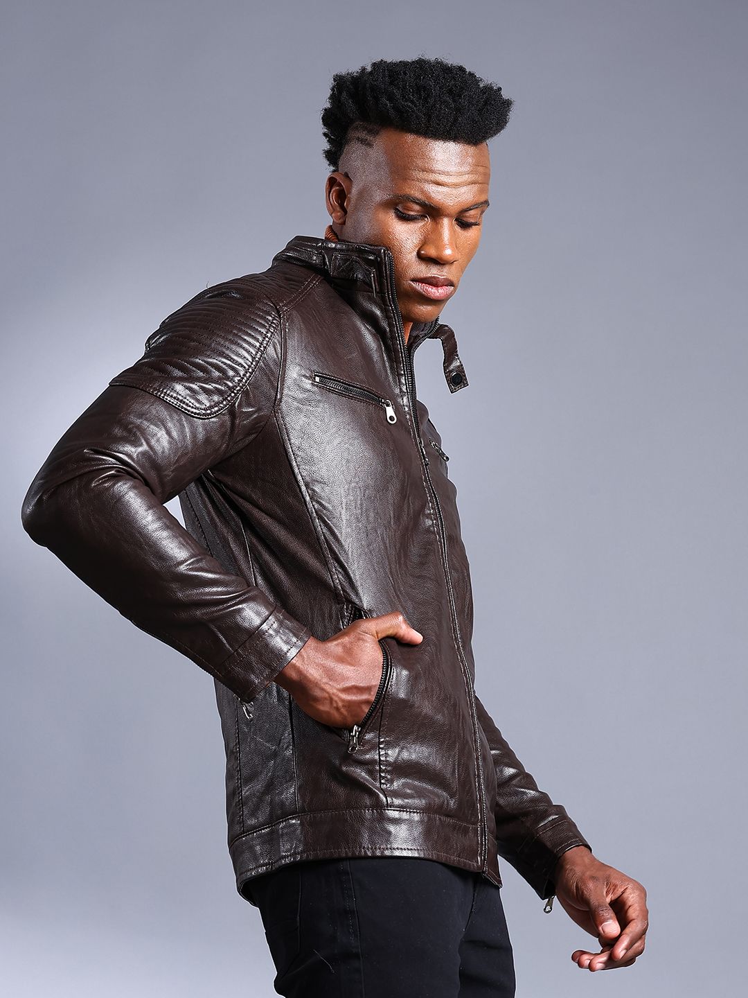 The Indian Garage Co Men Brown Solid Faux Biker Jacket