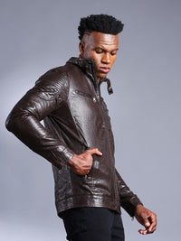 The Indian Garage Co Men Brown Solid Faux Biker Jacket